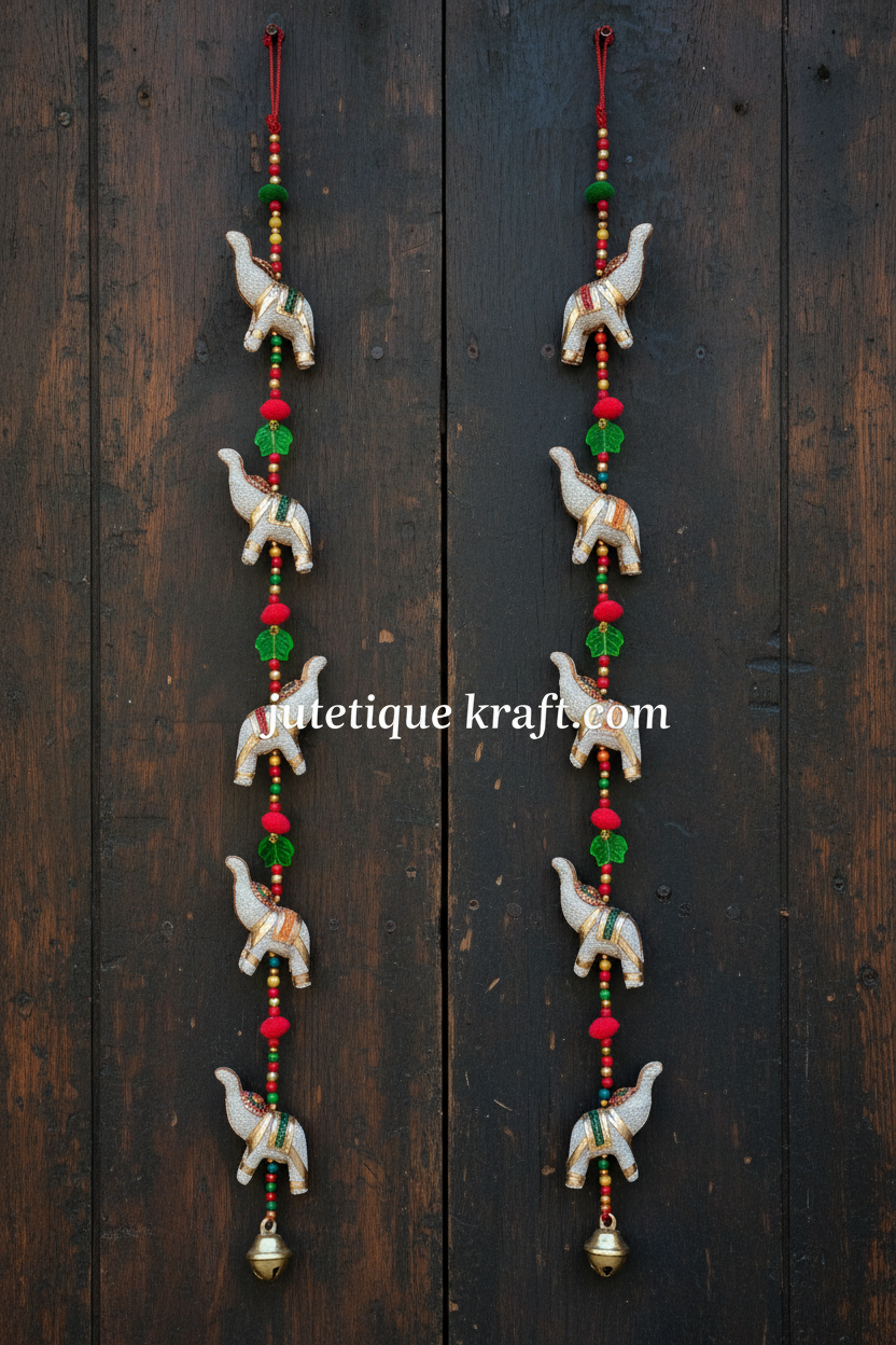 White handmade elephant hanging by Jutetique Kraft