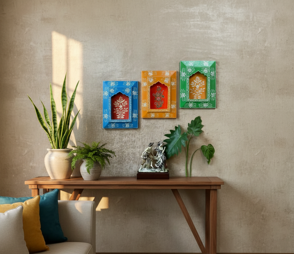 Hand-Painted Wooden Jharokha Wall Art Set of 3