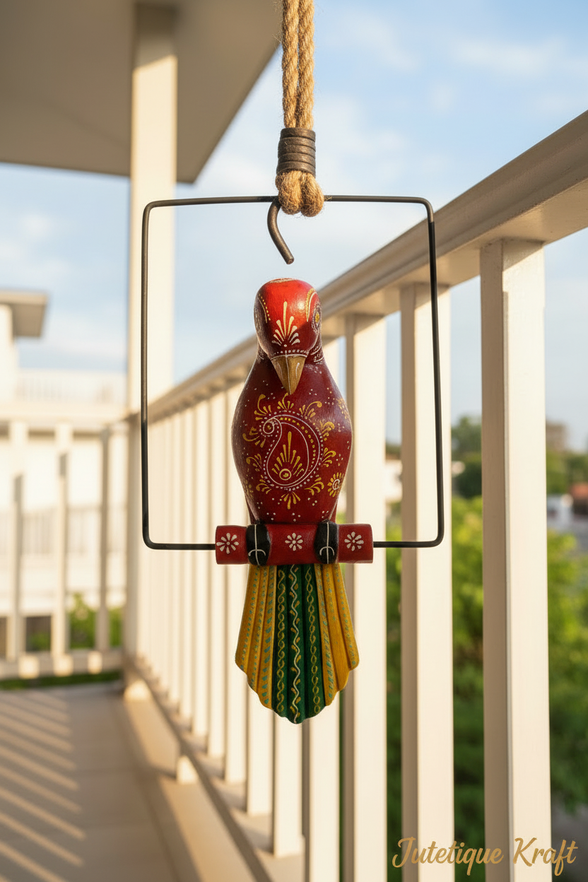 Hand-Painted Wooden Parrot with Wrought Iron Frame by Jutetique Kraft