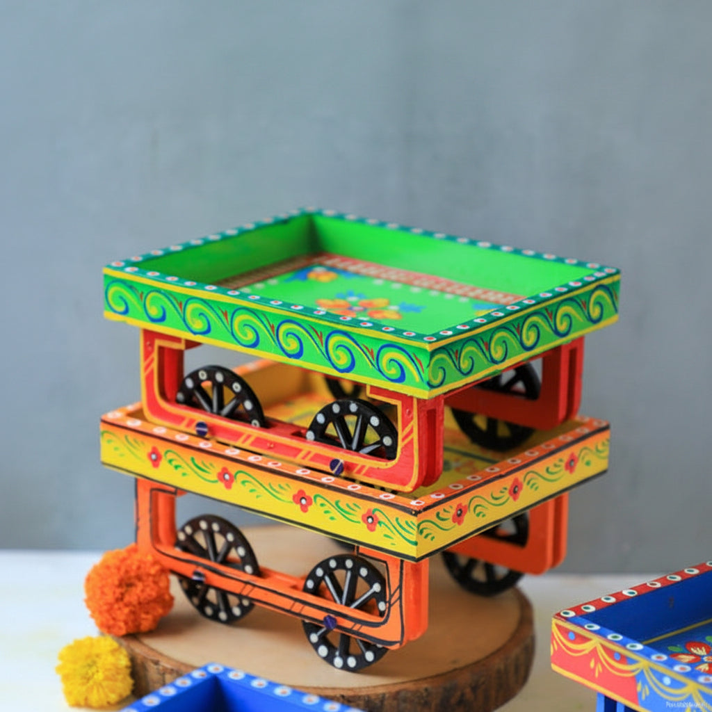 Hand-Painted Floral Wooden Decorative Trolley Cart