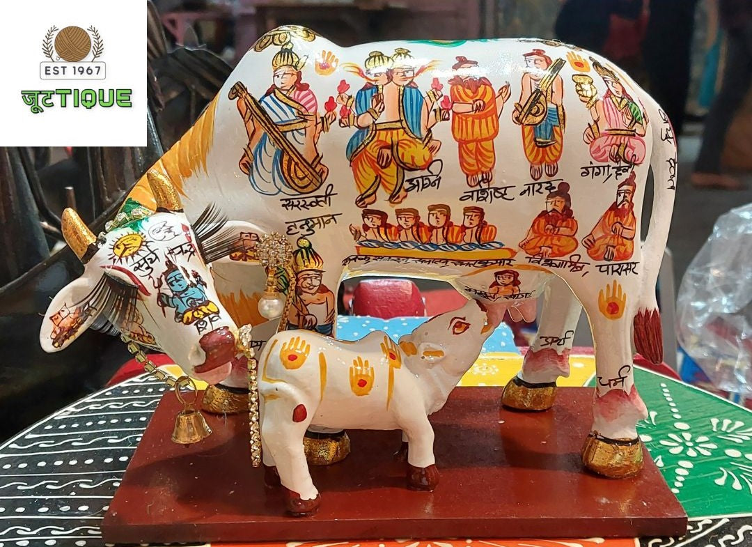 Decorative cow statue with artistic designs on a wooden base, featuring the 'Jutetique' brand.