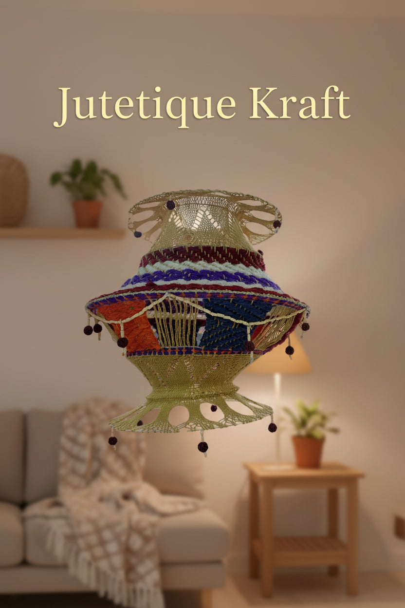 Vibrant multicolor hand-knitted festive woolen lampshade by Jutetique Kraft
