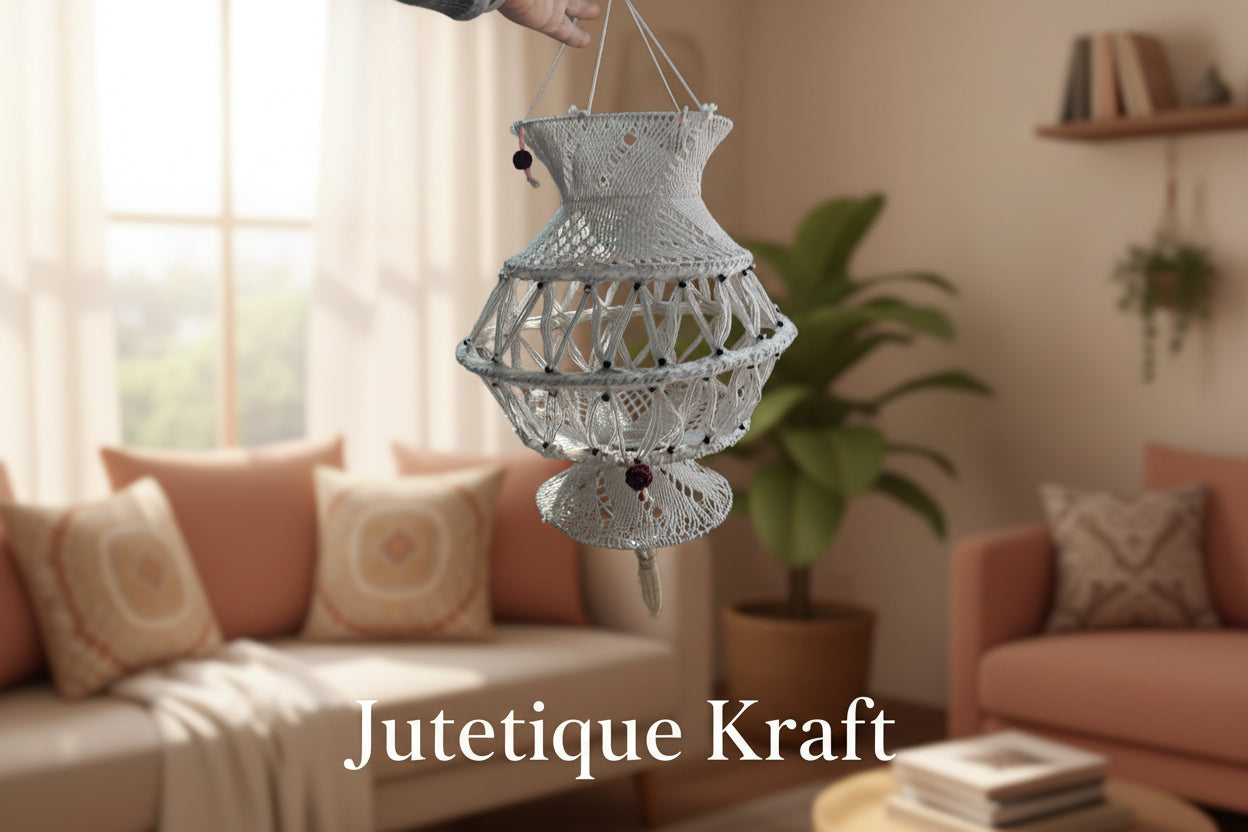 Classic white hand-knitted wool lamp shade hanging fixture by Jutetique Kraft