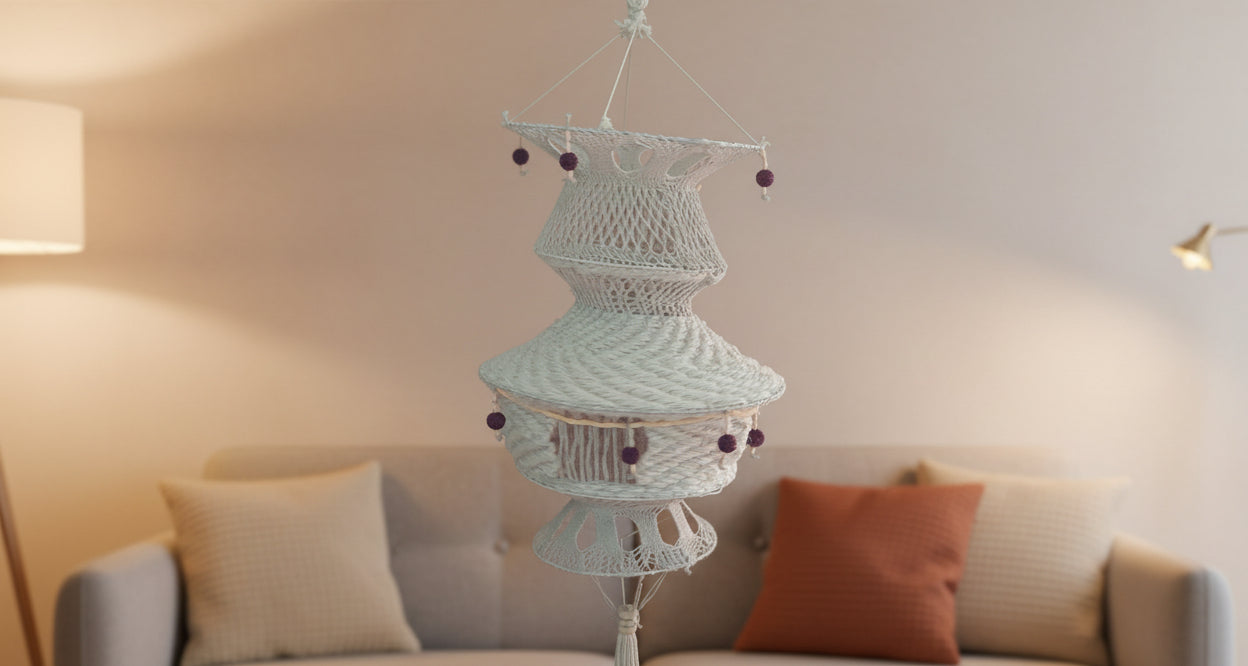 Classic white hand-knitted wool lamp shade hanging fixture by Jutetique Kraft