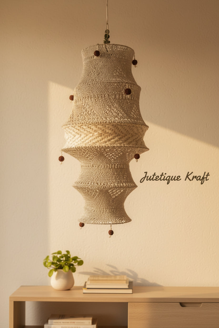 Esha Kadambari clean white 6-ring multilayered handwoven woolen lampshade by Jutetique Kraft