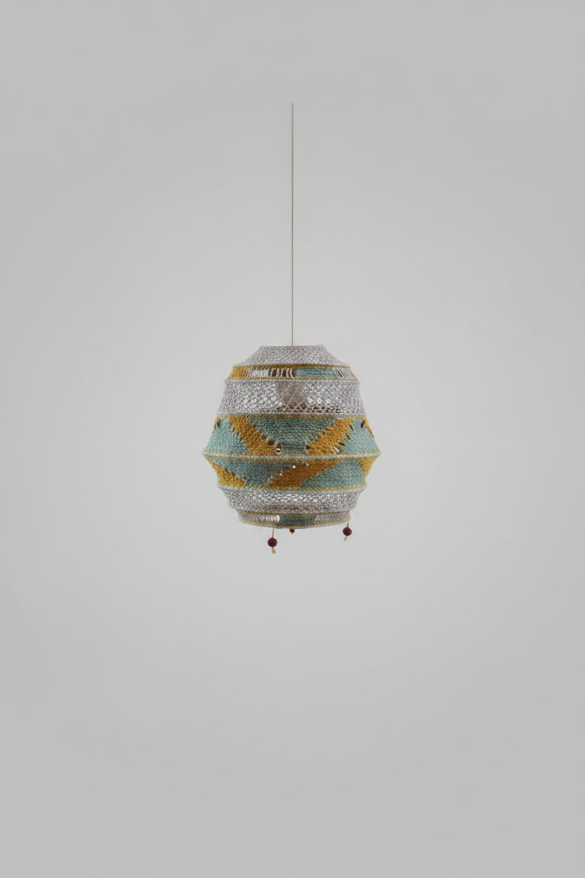 Esha Tarika vibrant multicolor handcrafted geometric-weave woolen lampshade with hanging accents