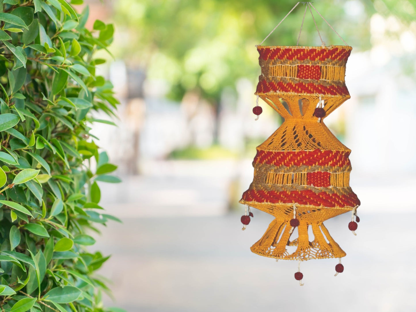 Vibrant multicolor handwoven woolen lampshade for cozy balcony and porch decor
