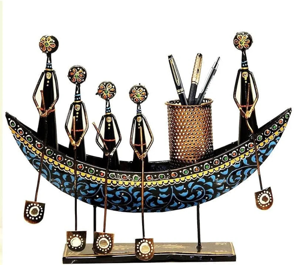 Handcrafted metal boat pen stand in black with traditional Shisha mirror work detailing