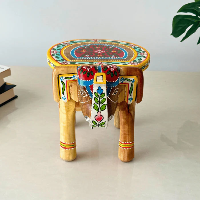 Handpainted natural mango wood elephant stool and decorative pedestal plant stand by Jutetique Kraft