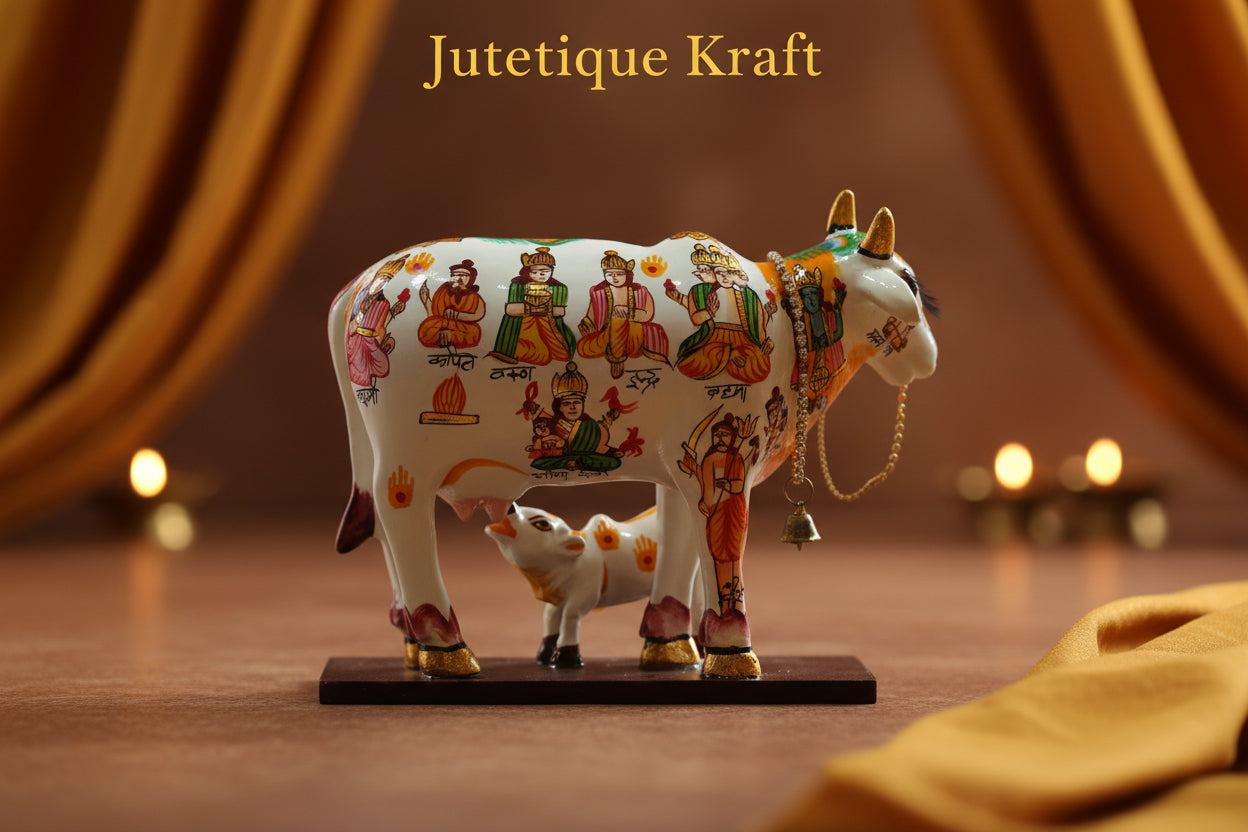 8 inch traditional decorative Kamdhenu cow figurine with colorful patterns on a wooden base