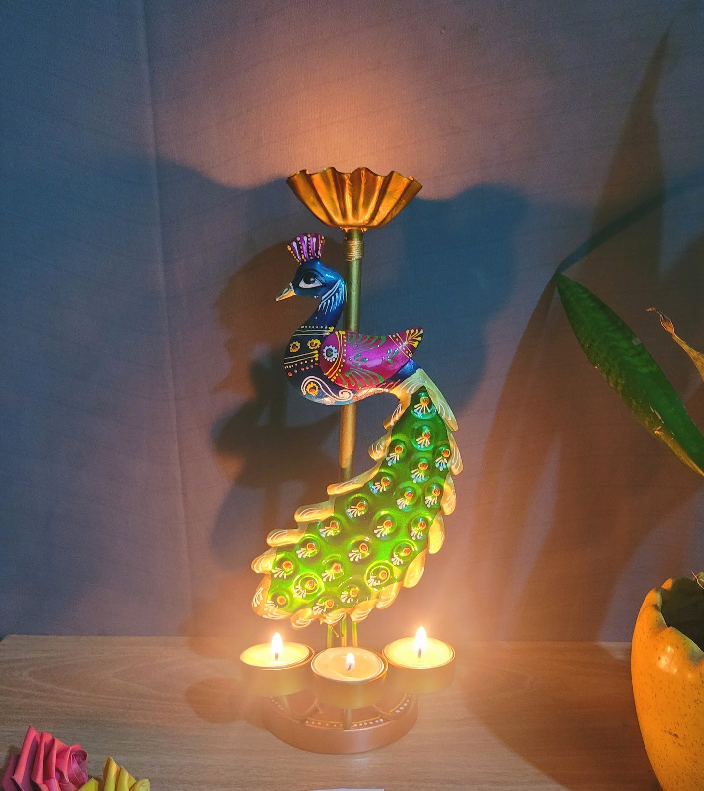 Majestic Glow: Handcrafted Metal Peacock Candle Stand (13 Inch)