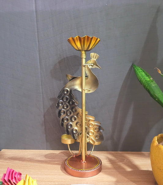 Majestic Glow: Handcrafted Metal Peacock Candle Stand (13 Inch)