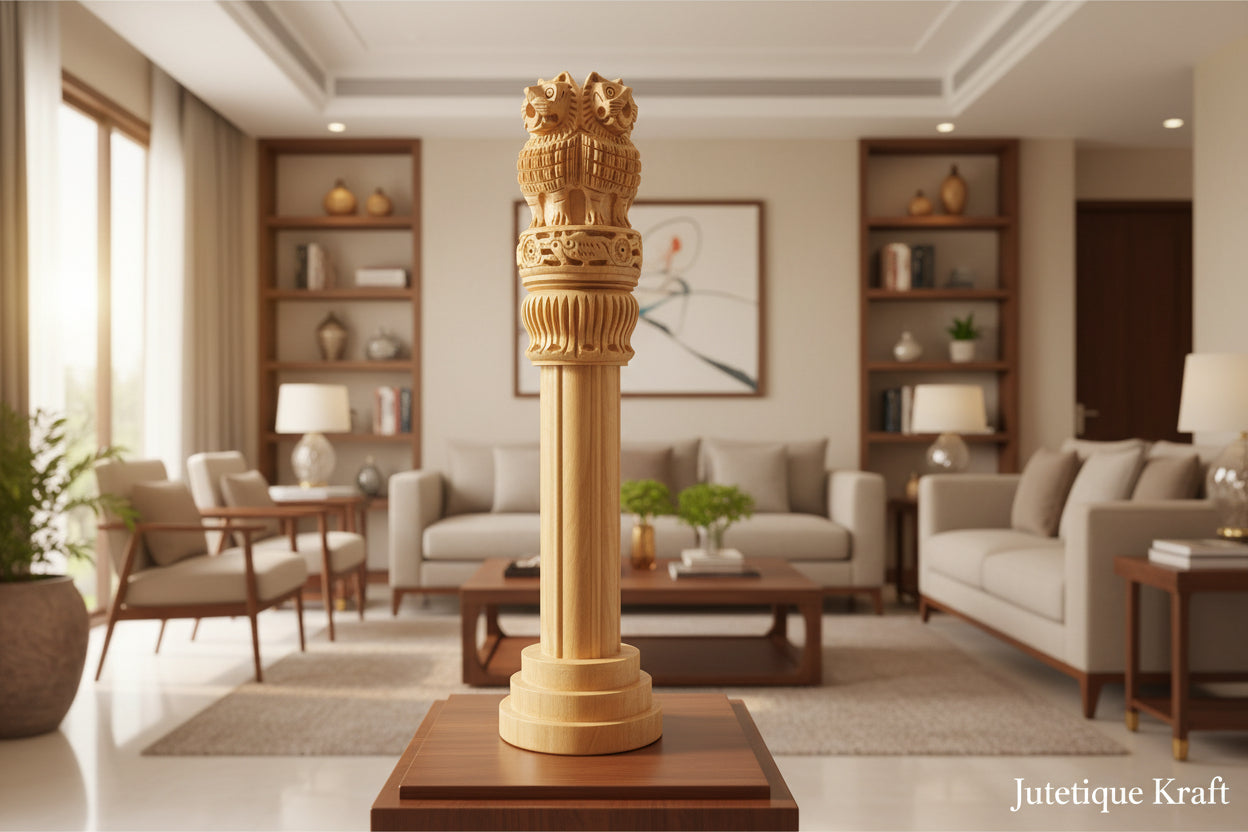 Jutetique's Hand-Carved Wooden Ashoka Pillar