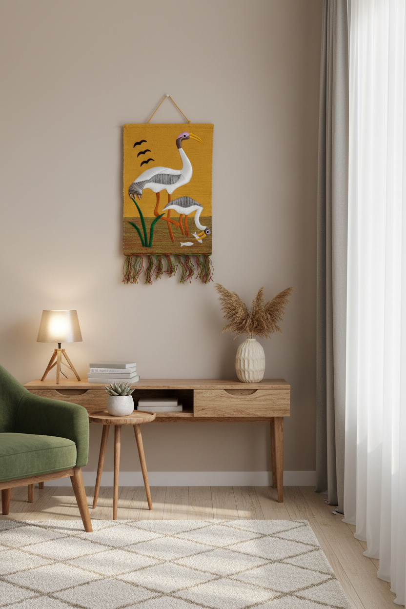 Hand-Embroidered Crane Wall Hanging