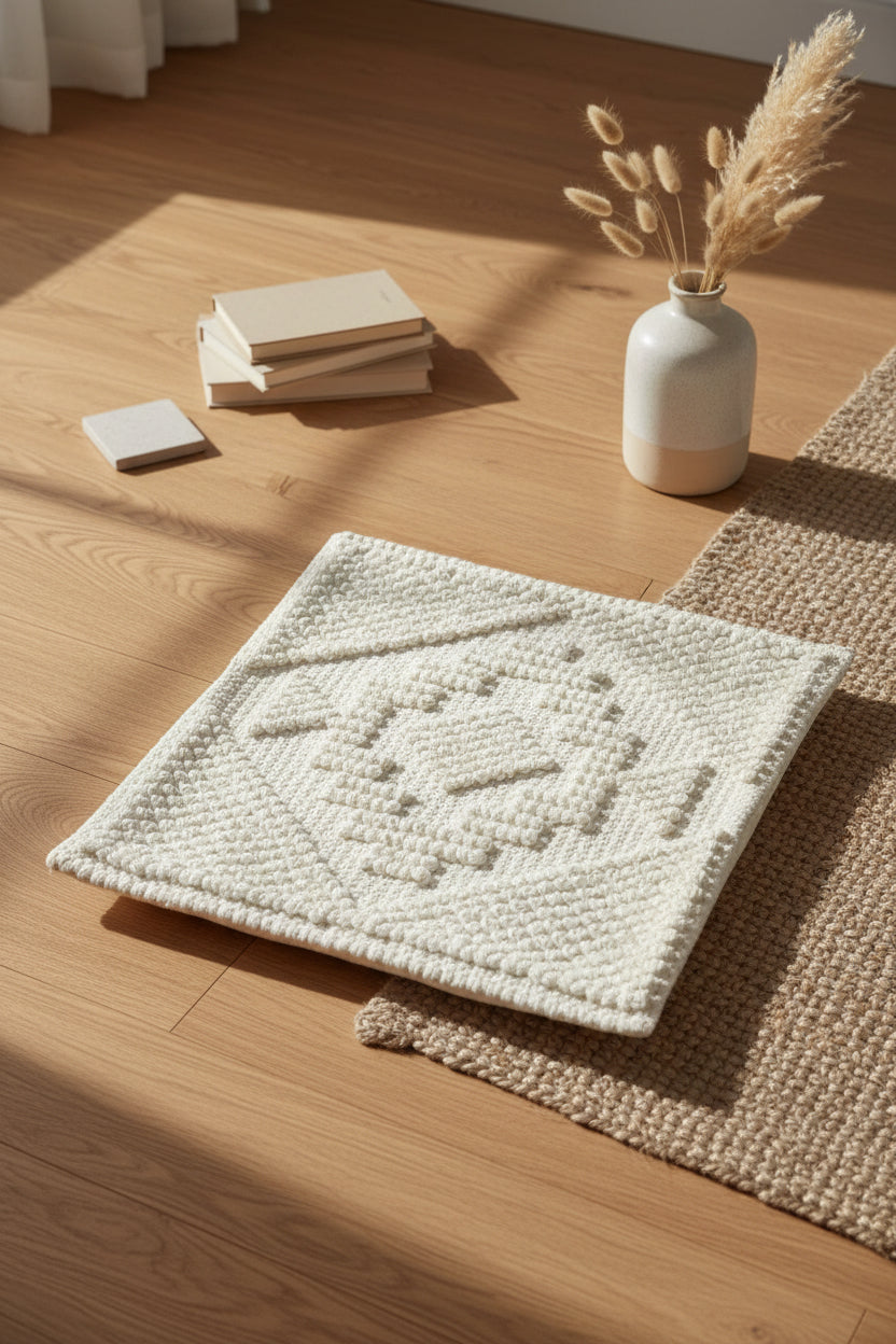 Ivory Geometric Popcorn-Stitch Wool Mat (18" x 18")
