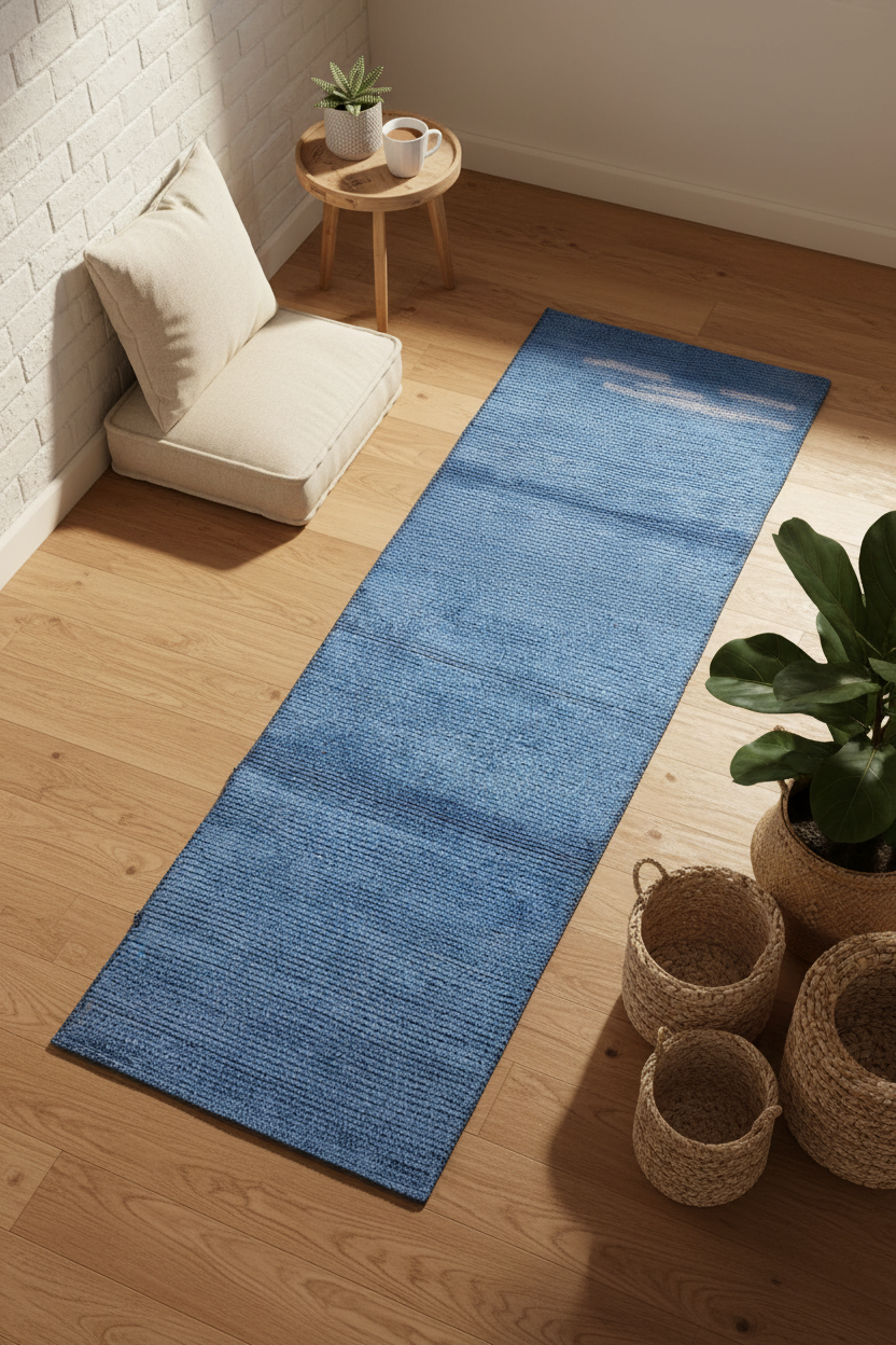 Azure Blue Hand-Woven Woolen Runner (2' x 8')
