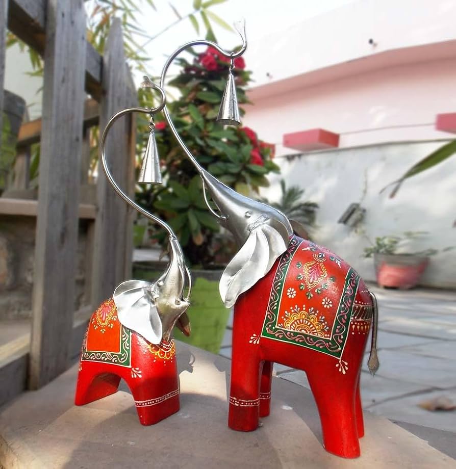 Handcrafted Elephant Figurine Pair with Metallic Accents (Approx. 18")