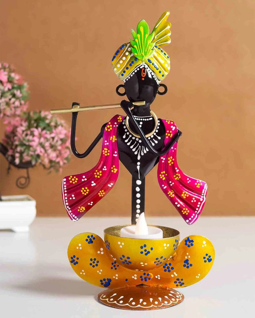 Metal Lord Krishna T-Light Candle Stand