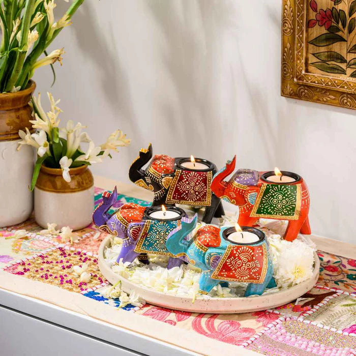 Hand-Painted Wooden Elephant Candle Holder (4 Inch)