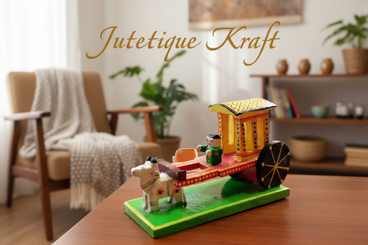 Hand-Painted Wooden Bullock Cart Decor – Traditional Folk Art Showpiece