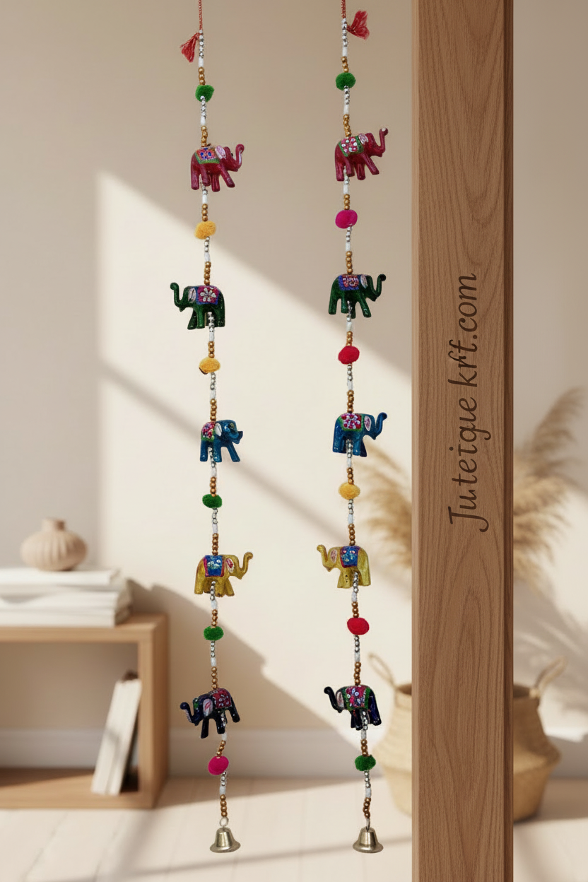 Decorative hanging with colorful elephant figures and beads on a wooden stand.