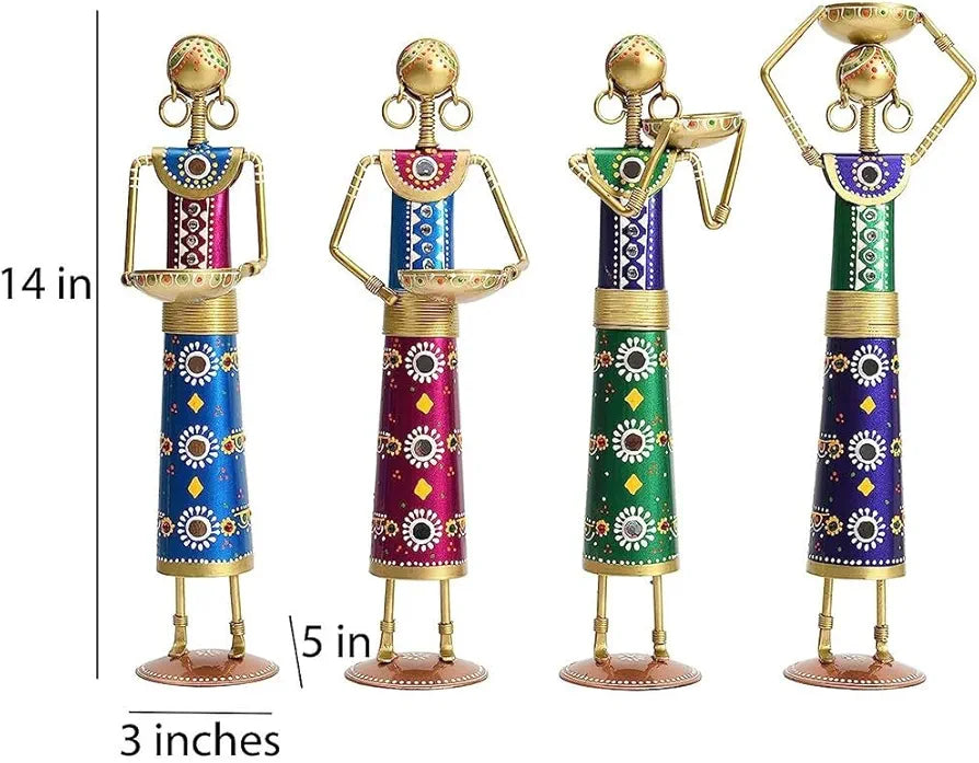 Four colorful figurines with gold accents on a white background