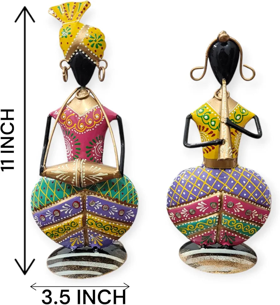 Decorative figurines with colorful patterns and measurements on a white background