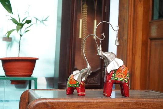 Handcrafted Elephant Figurine Pair with Metallic Accents (Approx. 18")