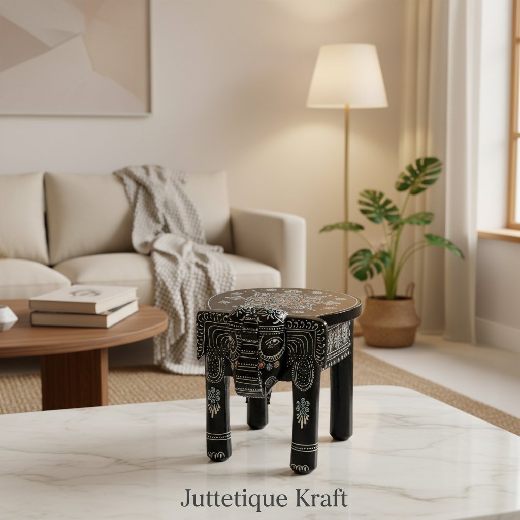 Handcrafted Wooden Elephant Stool / Pooja Riser
