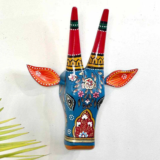 Artistic Serenity: Hand-Painted Wooden Cow Head Wall Decor (12 Inch)