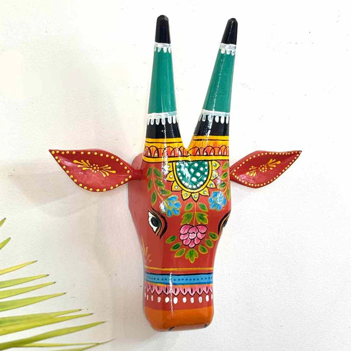 Artistic Serenity: Hand-Painted Wooden Cow Head Wall Decor (12 Inch)