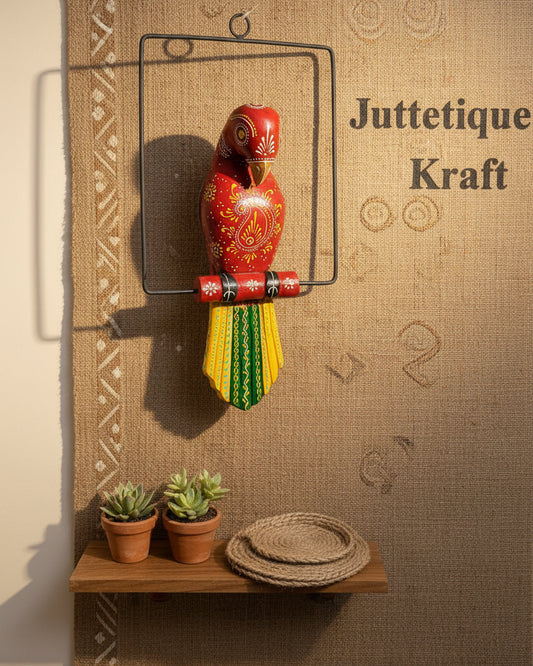 Hand-Painted Wooden Parrot with Wrought Iron Frame by Jutetique Kraft
