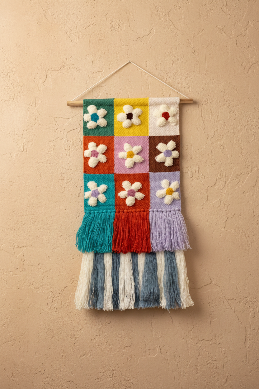 Retro Daisy Grid Hand-Woven Tapestry