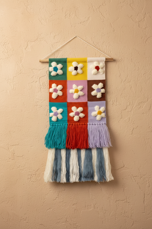 Retro Daisy Grid Hand-Woven Tapestry