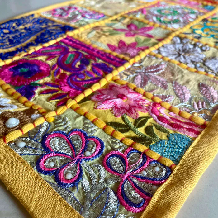 Vibrant yellow handcrafted patchwork placemats set of 6 by Jutetique Kraft