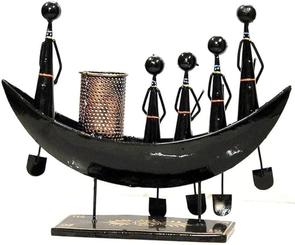 Artisanal boat-shaped metal desk organizer and pen holder for home office decor