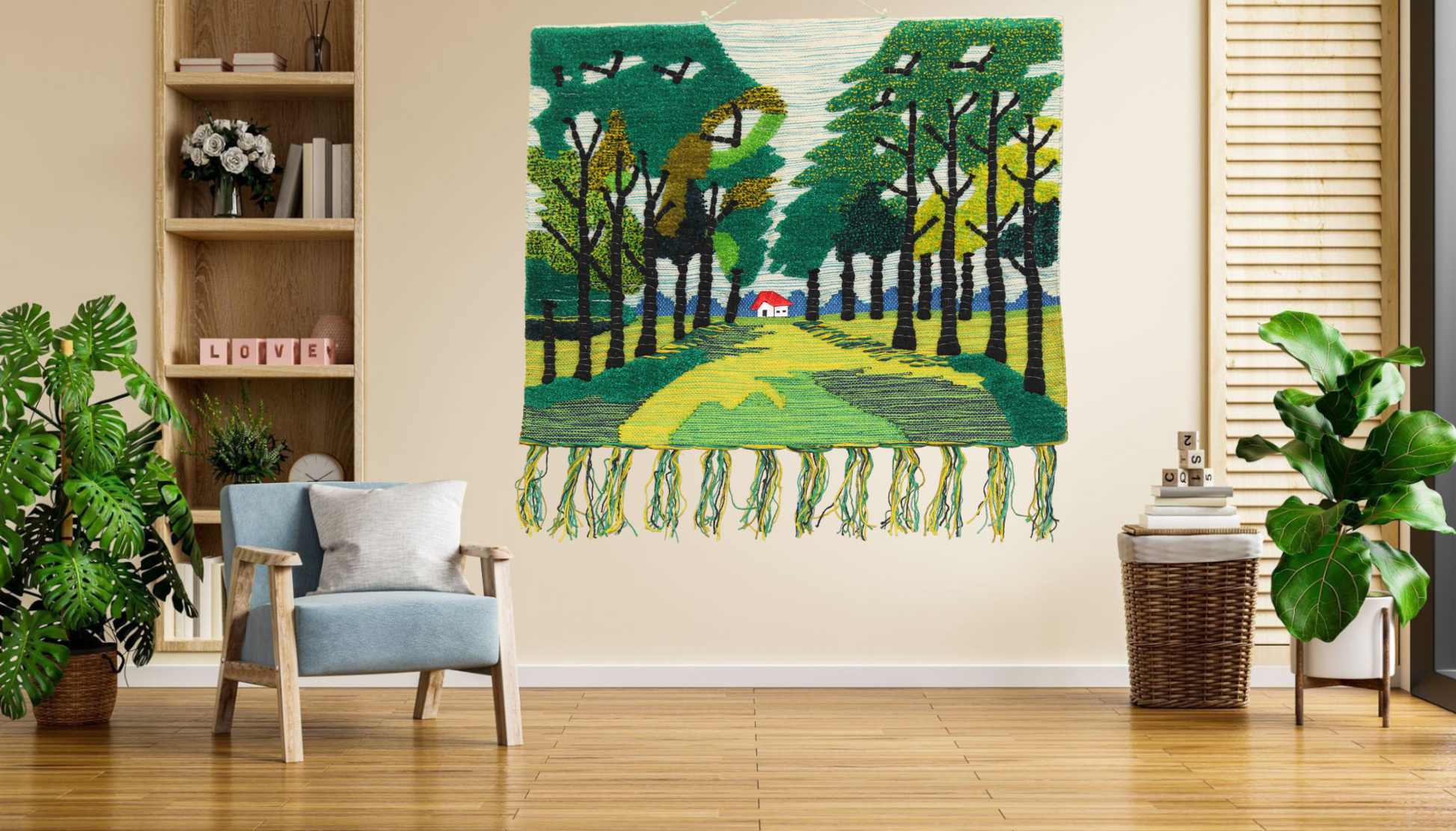 Modern living room styled with a green forest-themed woolen tapestry hanging above a blue armchair