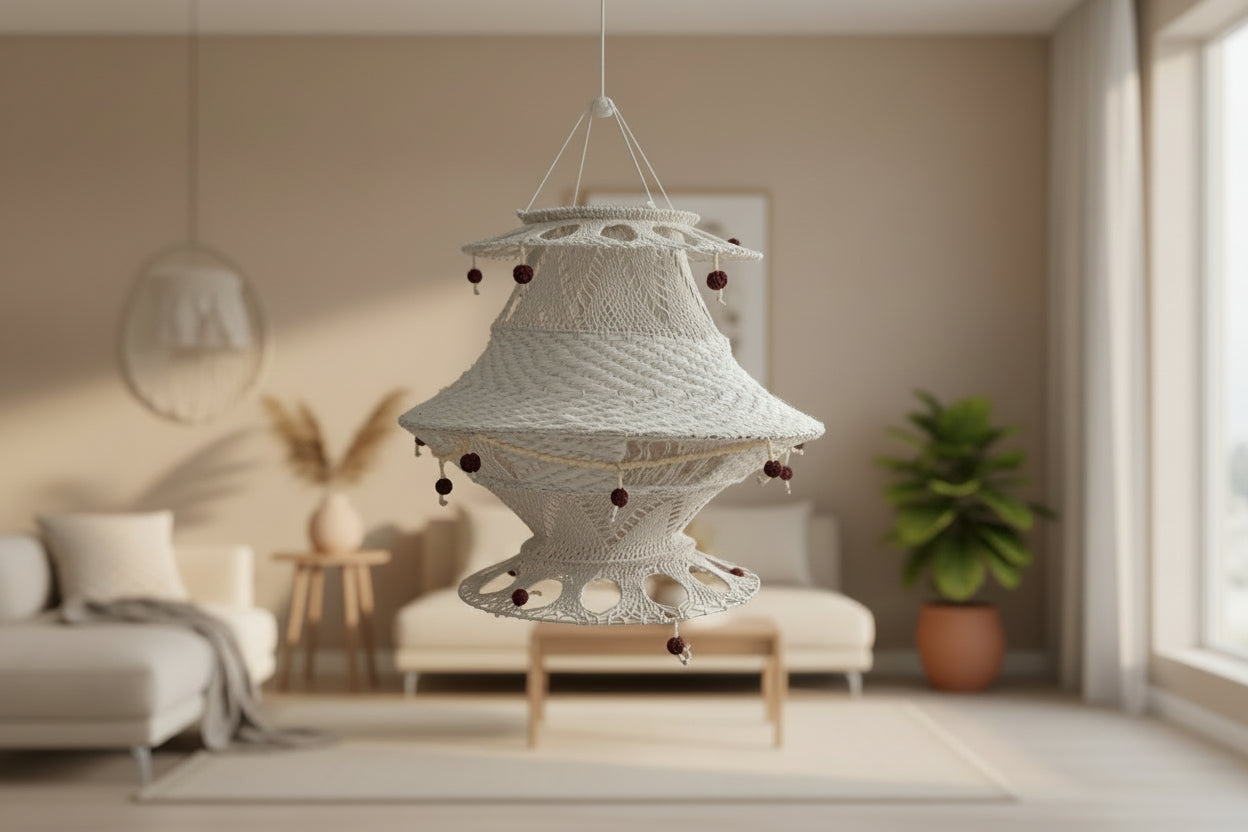 Elegant white handwoven wool lampshade for traditional festive home decor