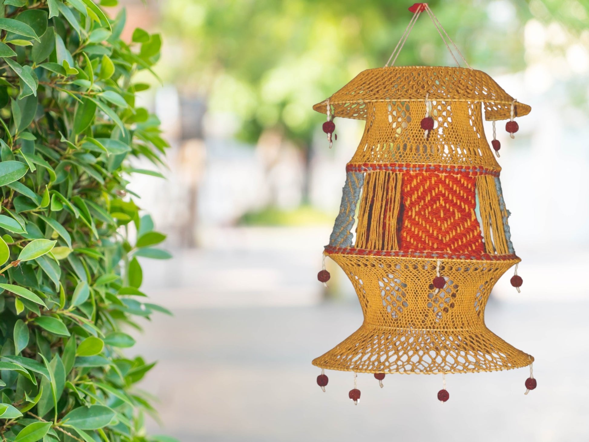 Vibrant multicolor handwoven woolen lampshade for cozy balcony and porch decor