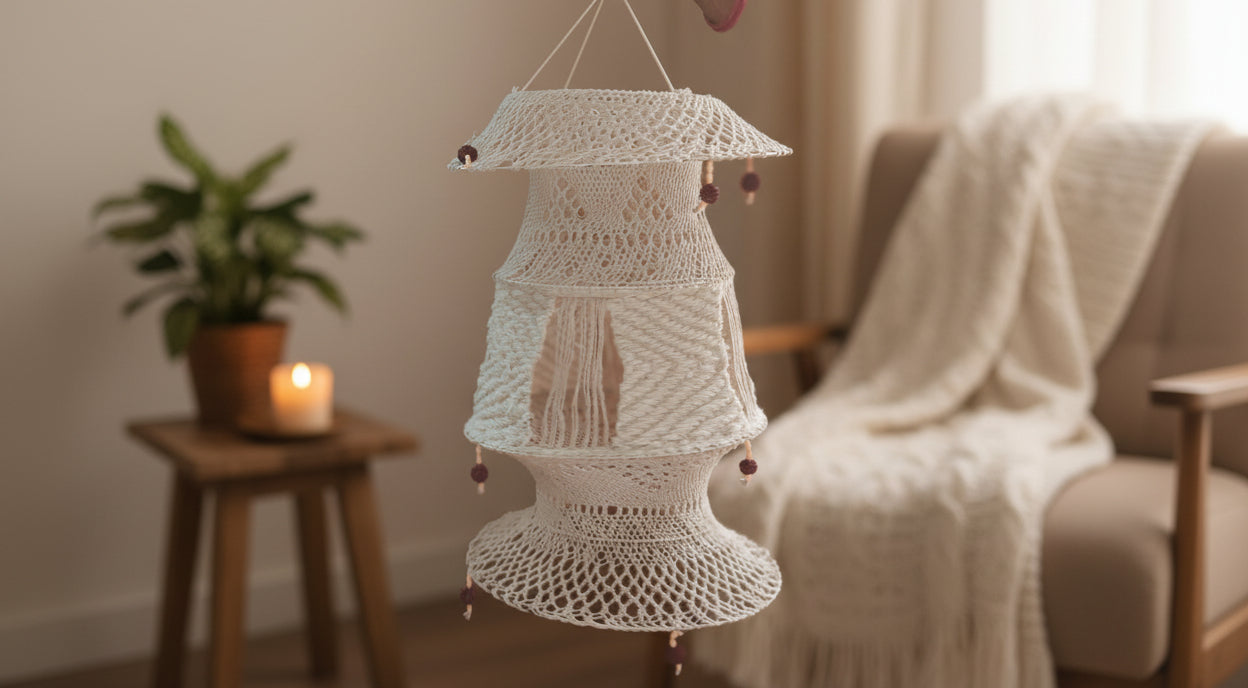 Classic white hand-knitted wool lamp shade hanging fixture by Jutetique Kraft