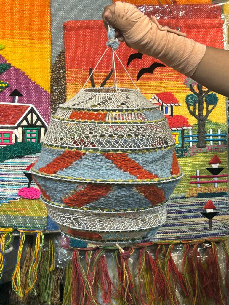 Esha Tarika vibrant multicolor handcrafted geometric-weave woolen lampshade with hanging accents