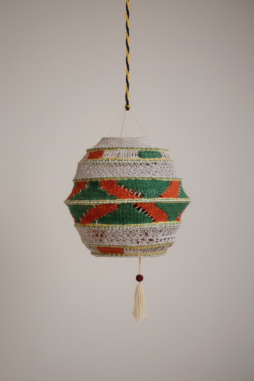 Esha Tarika vibrant multicolor handcrafted geometric-weave woolen lampshade with hanging accents
