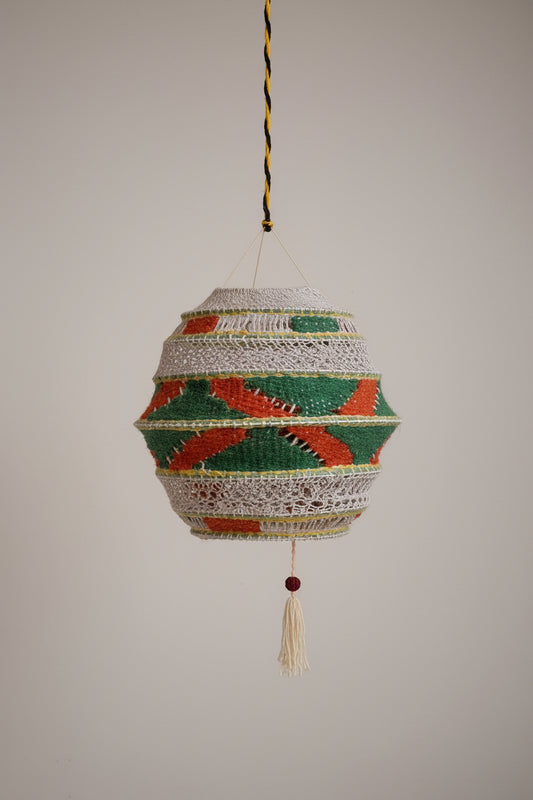 Esha Tarika vibrant multicolor handcrafted geometric-weave woolen lampshade with hanging accents