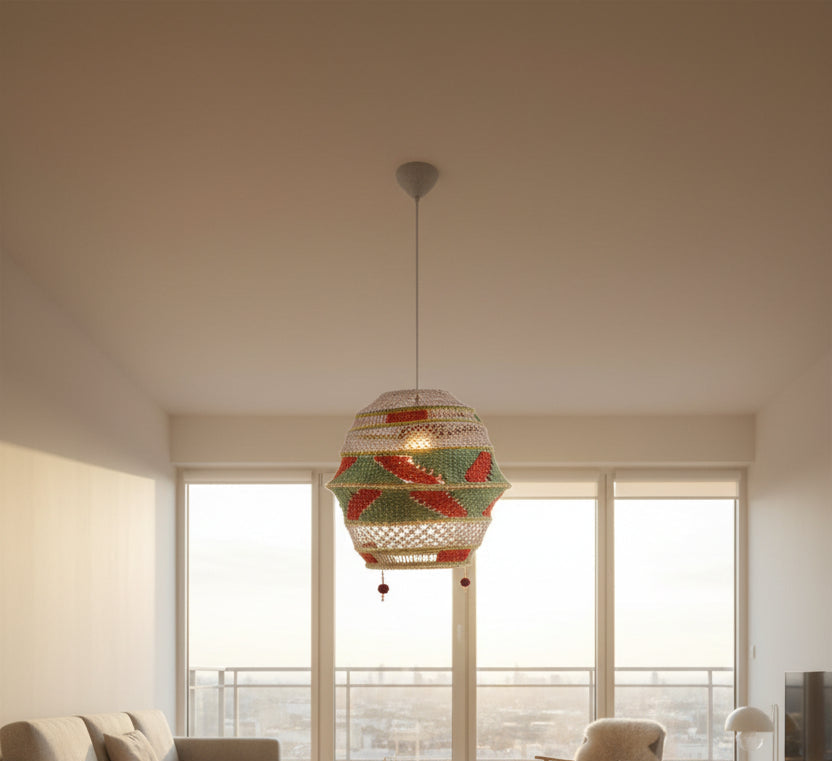 Esha Tarika vibrant multicolor handcrafted geometric-weave woolen lampshade with hanging accents