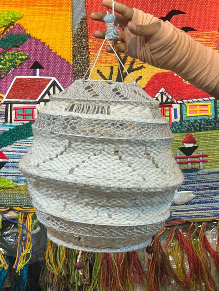 Esha Tarika classic white handcrafted diamond-weave woolen lampshade by Jutetique Kraft