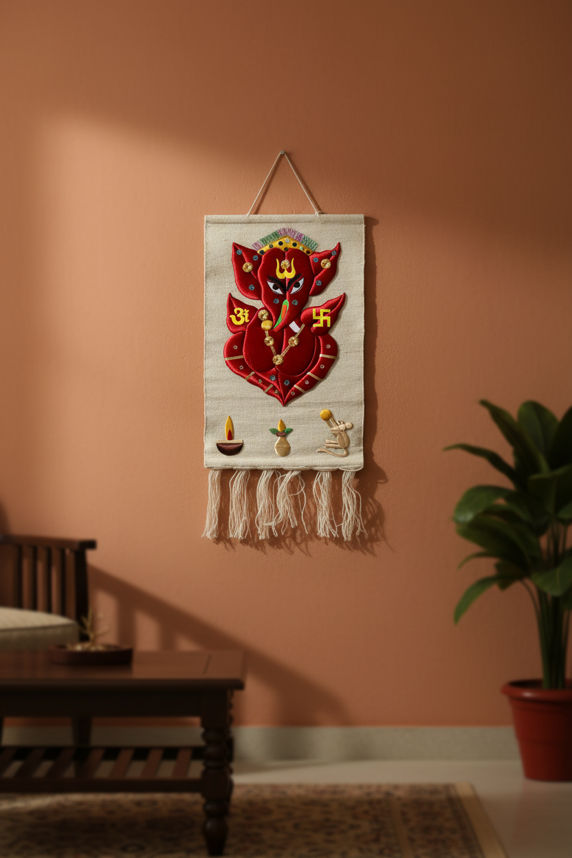 White Handmade Ganesh Ji Wall Hanging with intricate silk thread embroidery and tassels on a natural jute background