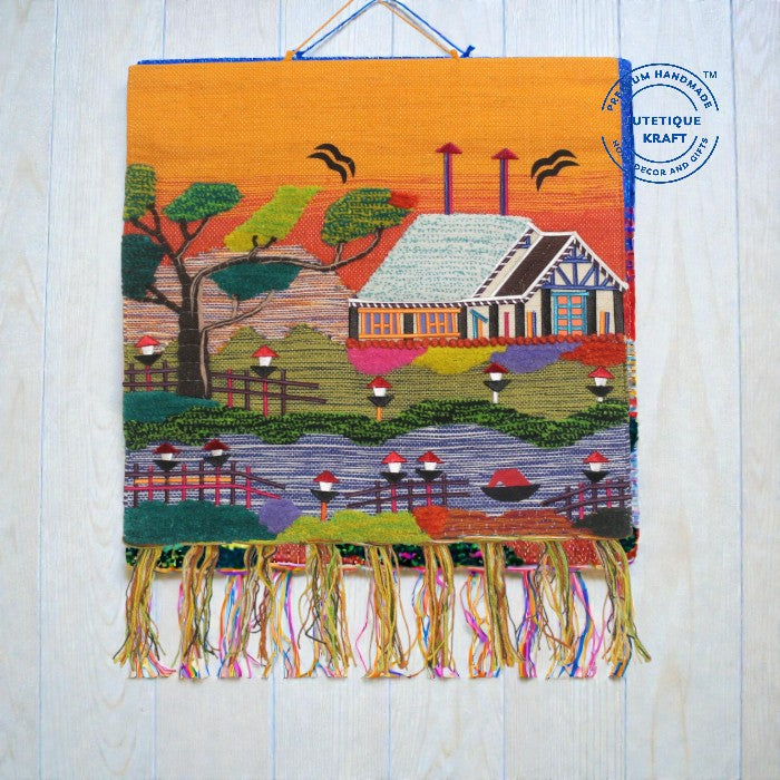 GI Tagged 30 inch Jute Handwoven Wallhanging featuring a traditional rural village landscape scenery by Jutetique Kraft