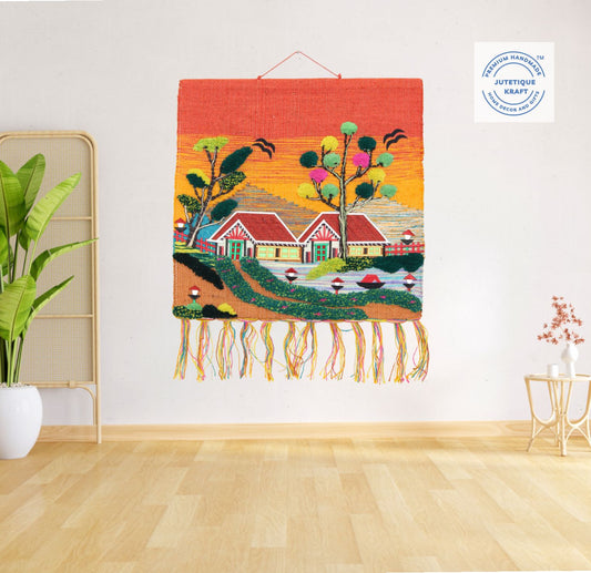 30x30 inch square GI Tagged Jute Hand Woven Wall Hanging featuring the Gramin Riverside Horizon scenery design, styled on a white wall in a modern living room by Jutetique Kraft.