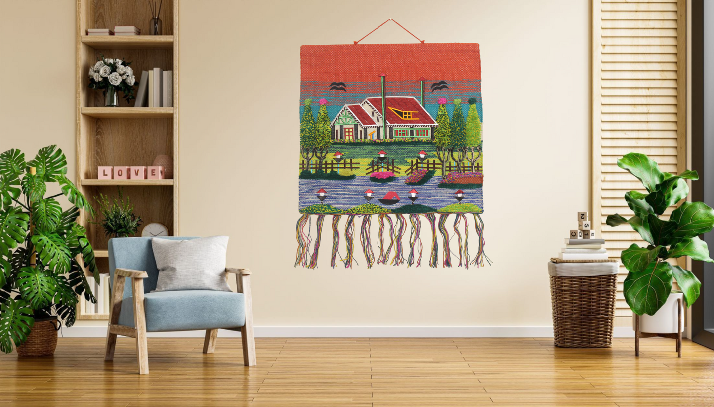 GI Tagged Jute Handwoven Wallhanging featuring a traditional village landscape scene with boats under an orange sunset sky