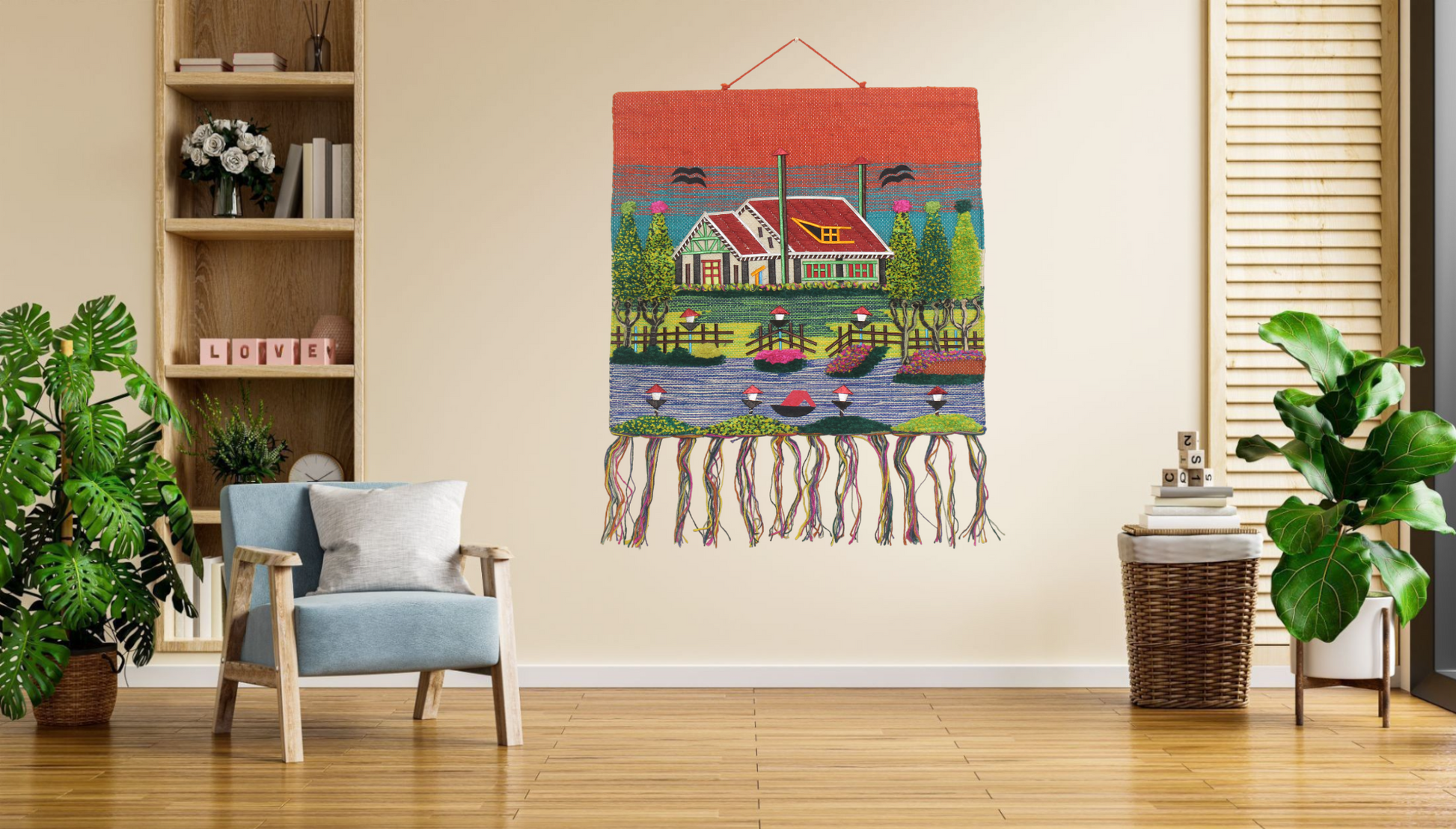 GI Tagged Jute Handwoven Wallhanging featuring a traditional village landscape scene with boats under an orange sunset sky